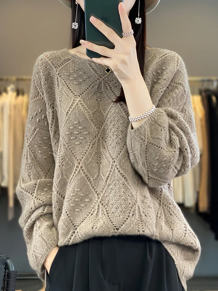 100% Merino Wool Women's O-Neck Pullovers Sweaters  Autumn Winter Fashion Loose Hollow  Female Cashmere Knitwear Clothing Tops