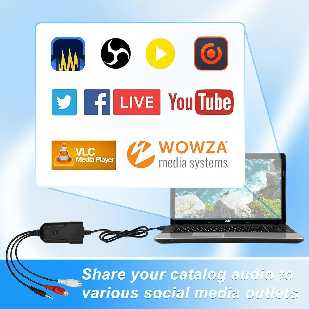 USB Audio Capture Card Analog to Digital MP3 Converter for Vinyl Cassette Tapes MD Phono 3.5mm & R/L Audio Input for Windows10/7