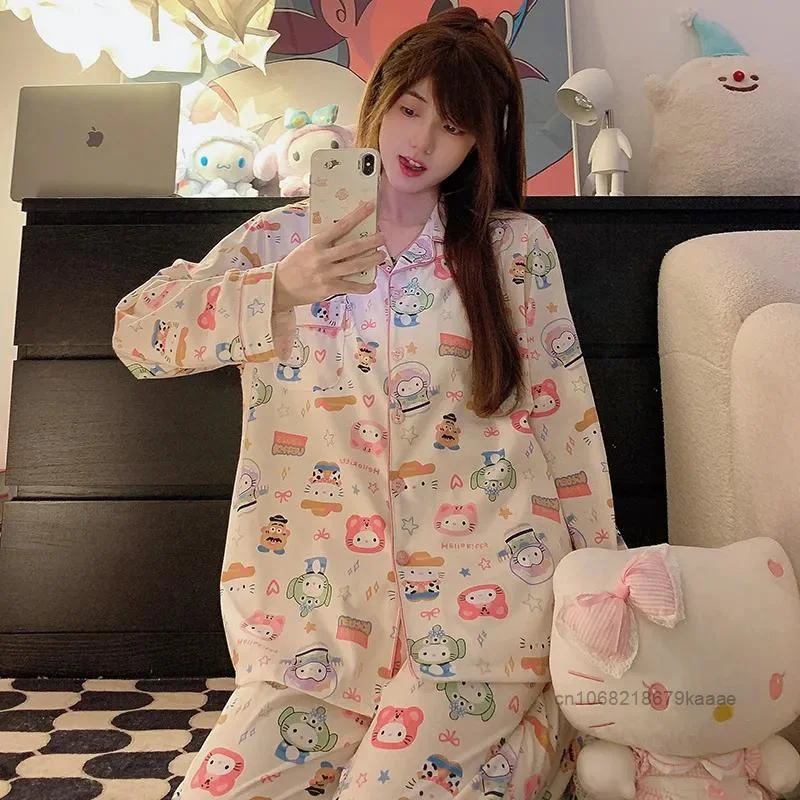 Sanrio Hello Kitty Full Printed Cute Cartoon Sleepwear Japanese Style Loose Casual Home Suit Set Women\'s New Long Sleeve Pajamas