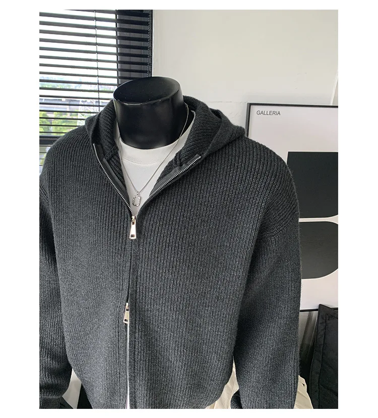 2026 New Autumn Winter Simple Solid Color Knitted Hoodie Men Japan Korean Fashion Casual Loose Double Zipper Hooded Jacket