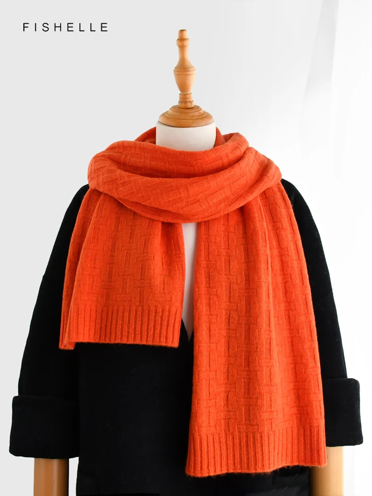 Orange red solid color pure 100% wool scarf knitted autumn winter for women's soft warm shawl thin lady luxury gifts