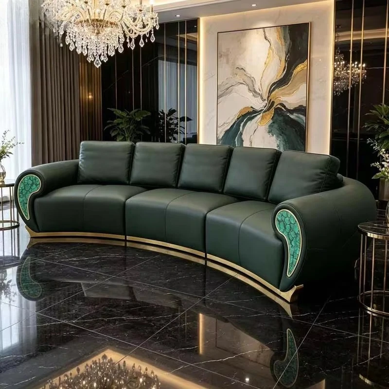 Luxury Curved Dark Green Leather Sofa Villa Big Arc Sectional Couch Malachite Inlaid Armrest Gold Base Living Room Furniture