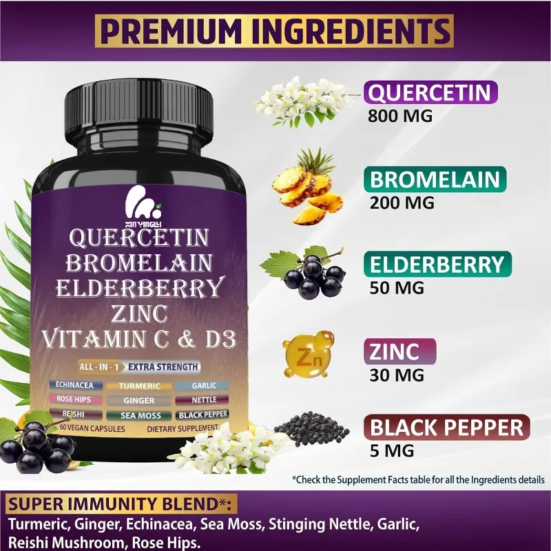 Quercetin, bromelain, elderberry, vitamin C, D3, and zinc - immune health support supplements  60 capsule