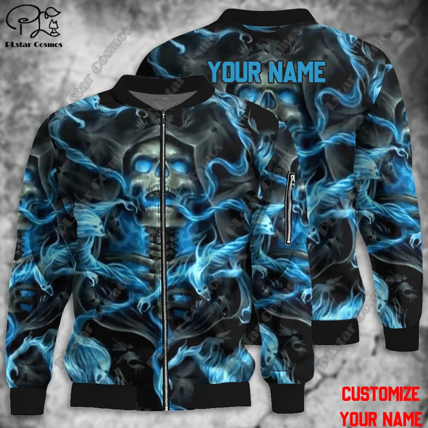 Halloween Series 3D Printed Horror Skull Customized Name Latest Unisex Winter Warm Zippered Flight Jacket Casual W-2