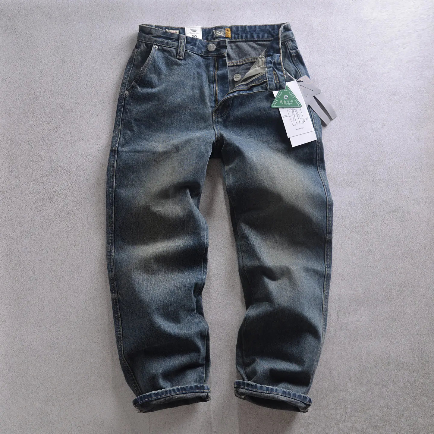 2026 Spring New American Retro Heavyweight Multiple Pockets Jeans Men's Fashion 90%Cotton Washed Old Loose Straight Casual Pants