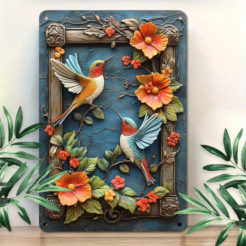 Exquisite Wandkunst aus Aluminium und Metall mit zwei Kolibrisn unterteilen Blumen in einem verzierten Rahmen, ideal für die Inneneinrichtung in der Natur – thematische Heimdekoration