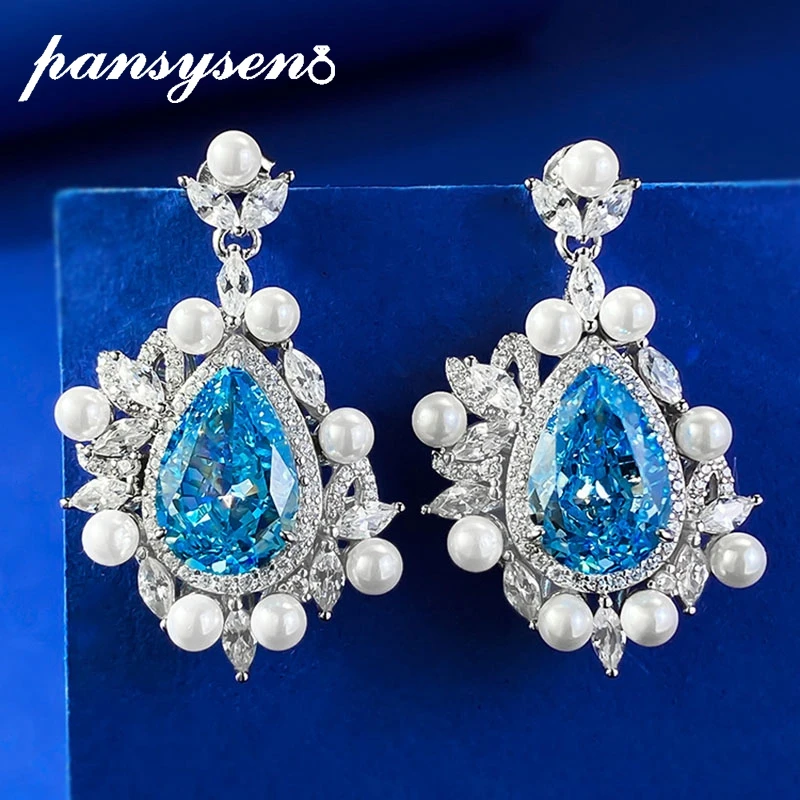 

PANSYSEN 925 Sterling Silver 8*12MM Pear Cut Aquamarine Pearl Gemstone Dangle Drop Earrings for Women Anniversary Party Jewelry