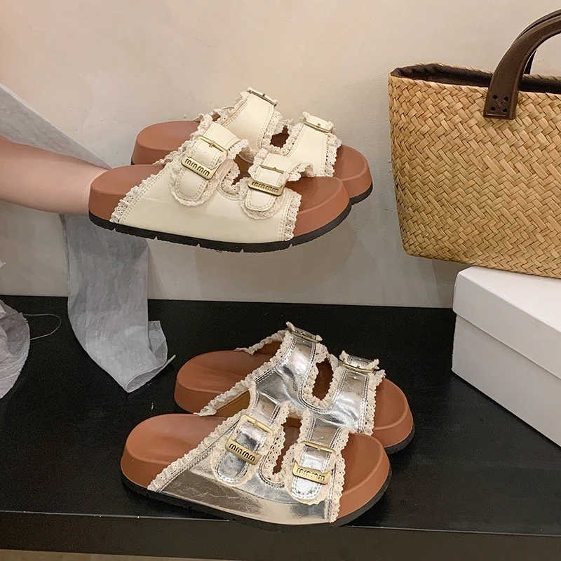 

Women's Lace Double Buckle Slide Sandals Vintage Cork Footbed Flat Slippers Summer Casual Non Slip Outdoor Shoes For Ladies