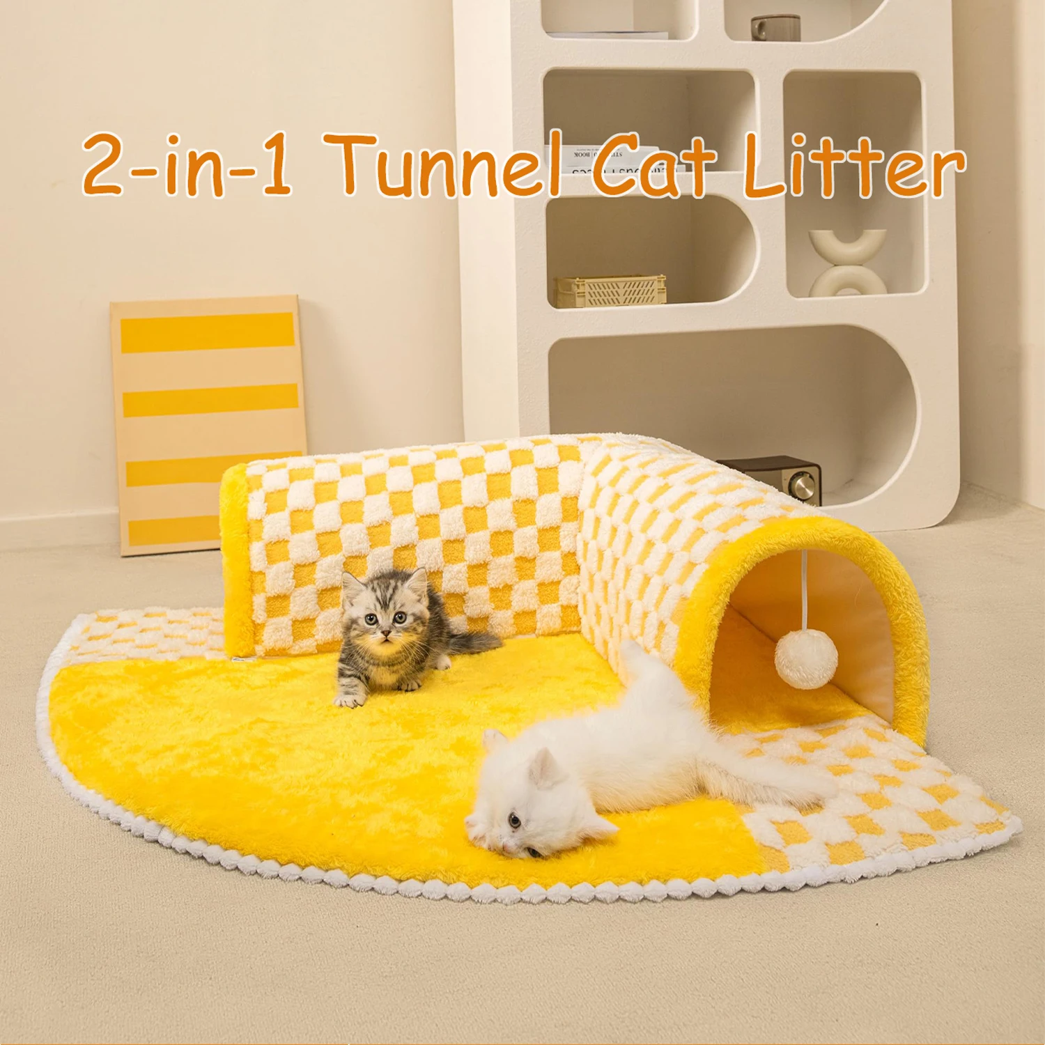 2in1 Cat Tunnel Bed, Pet Tube with Plush Ball Toys Plush Cat Litter Cat Tunnel Cat House for 2 Cats Suitable for Kittens Kitten