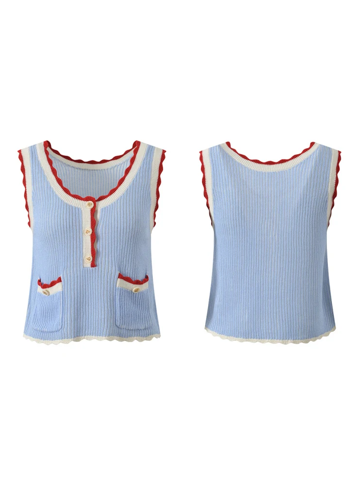 高級感のあるヨーロピアンスタイルの夏らしいフレッシュなカラーブロックのラウンドネック、万能なショート丈のノースリーブニットベストトップで若々しい印象に。