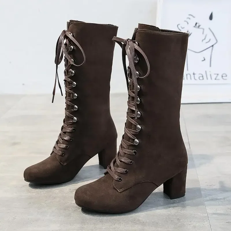 2024  Winter Women Boots Shoes Fashion Vintage Lace-up Boots Women Round Cowboy High Heels Booties Shoes Woman Botas Mujer