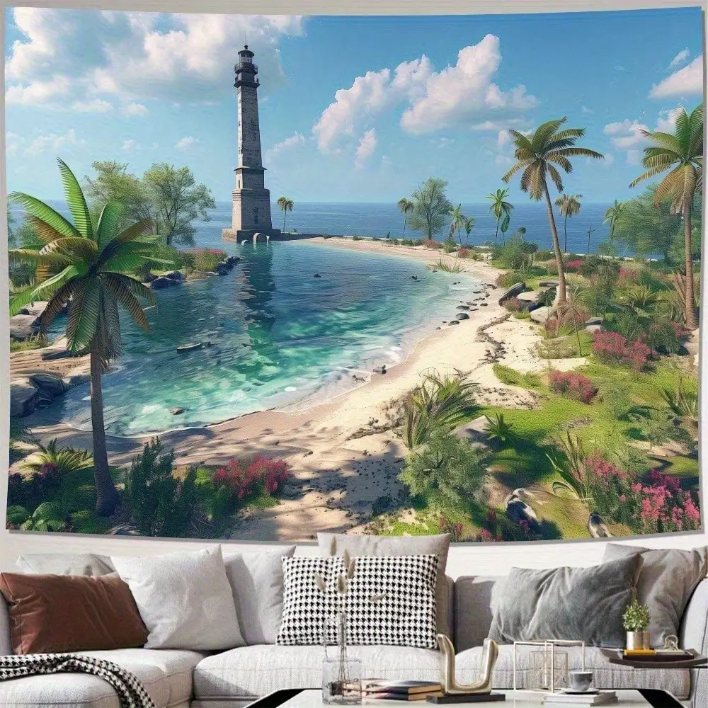 1pc Lighthouse Tapestry Tropical Beach Wall Hanging Ocean Palm Tree Scenery for Living Room Back-to-school season Autumn gifts