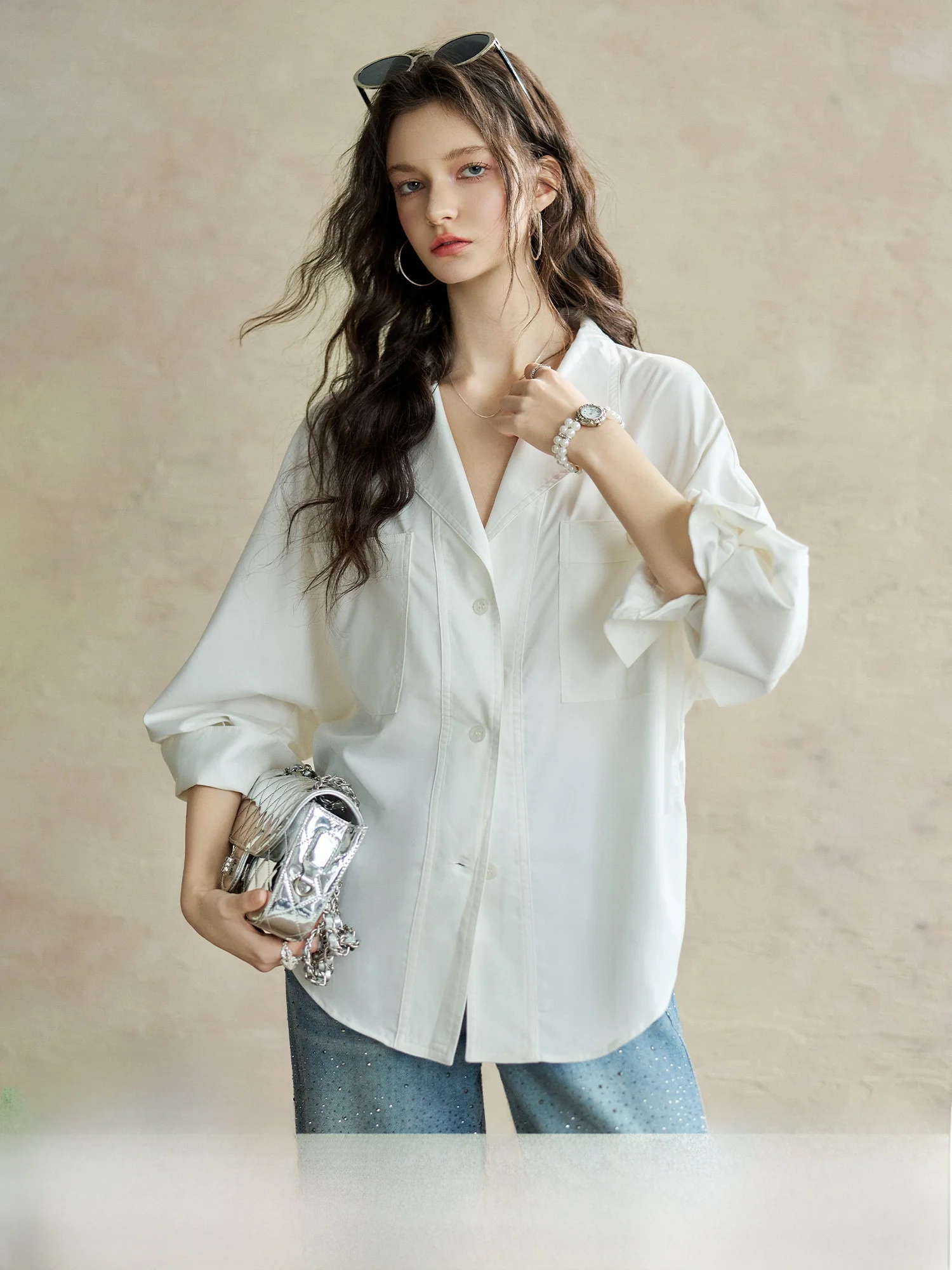 

Commuter Diary Large Collar V-neck Shirt Double Pocket Lazy Style Seven-quarter Sleeve Women's Shirt Skin-friendly Breathable