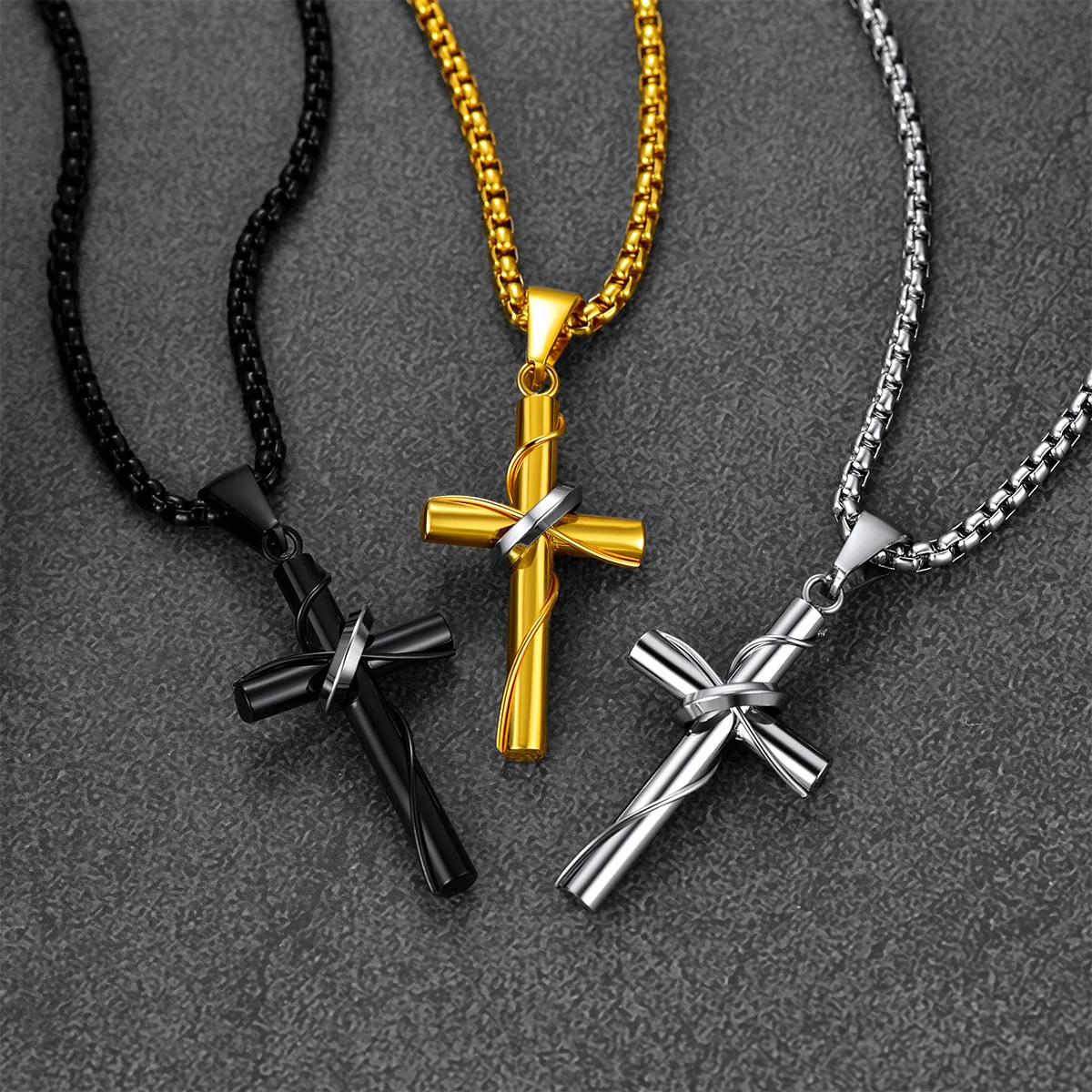 ChainsPro Catholic Ring &Cable Wire Wrap Cross Necklaces for Men Women Stainless Steel Christian Jewelry Gift for Family Members