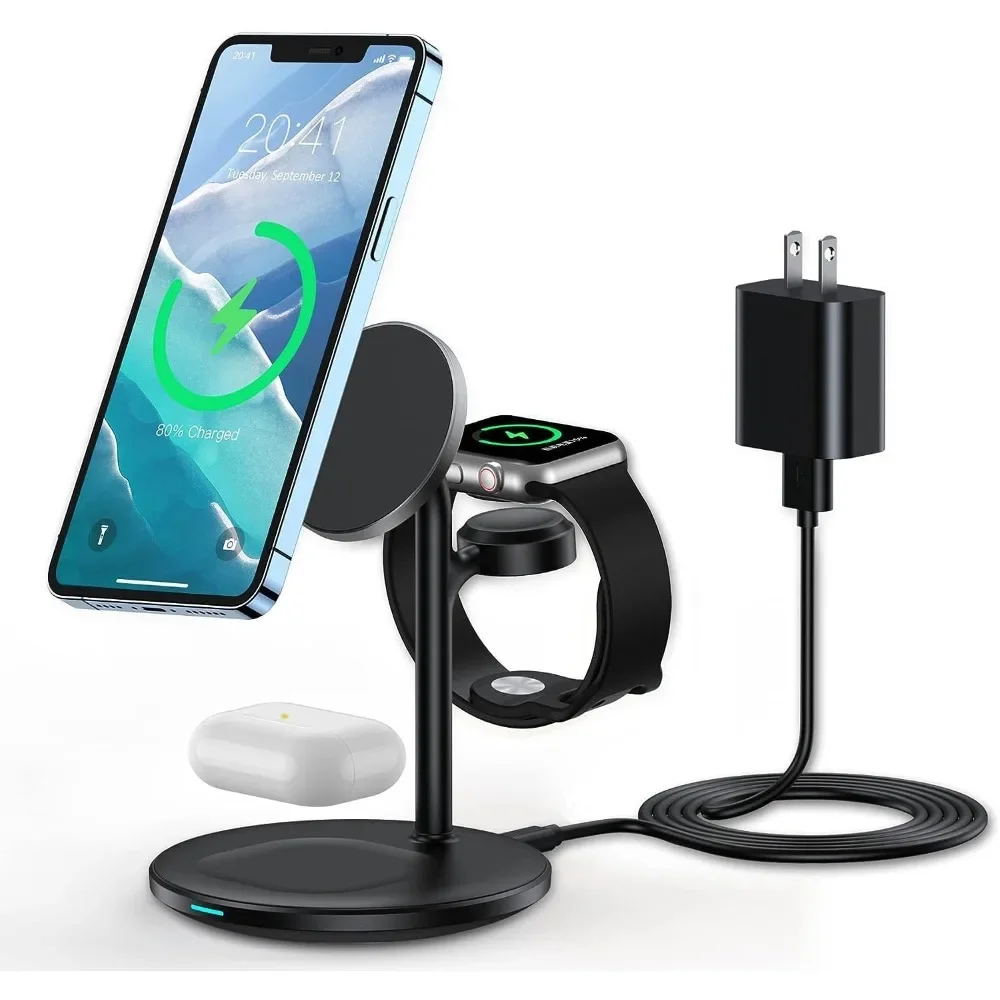 3-in-1 Wireless Charging Station Standard 15W Fast Wireless Mag-Safe Charger Stand with 20W Adapter for iPhone 16 15 14 13 12