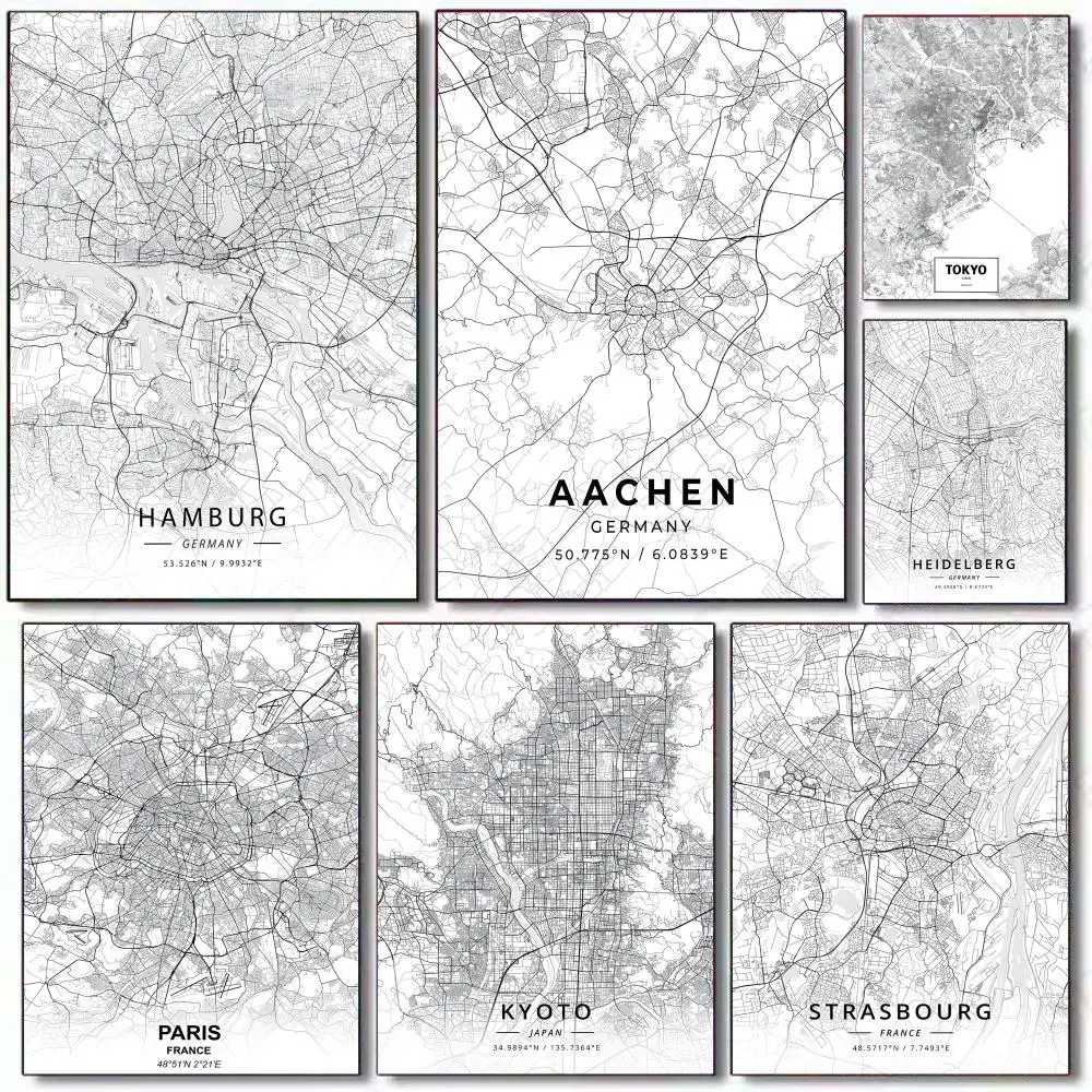Mapa de ciudades de renombre mundial, pintura de caligrafía, lienzo, póster HD, arte de pared, pasillo interior, decoración del hogar, regalos de vacaciones
