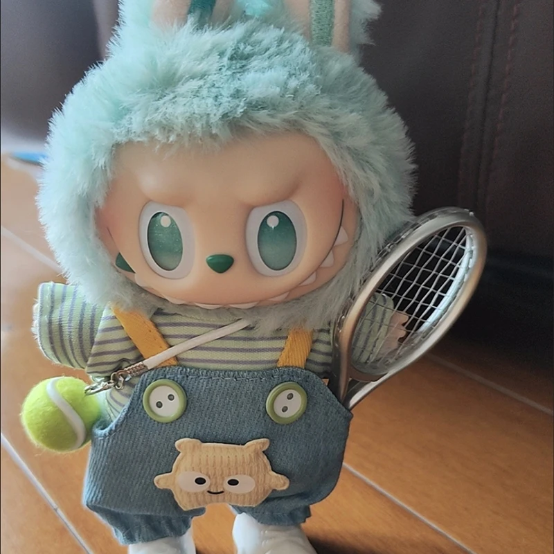 Für Labubu-Puppen, erste zweite Generation, Plüschtiere, sitzende Party, Vinylfiguren, Strickpullover, Fischerhut, Overall, Jeans-Set