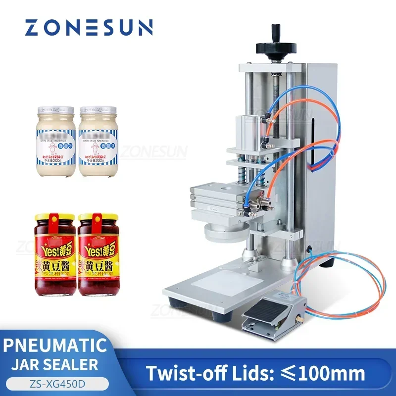 Máquina tapadora neumática semiautomática ZONESUN ZS-XG450D para frascos de vidrio, botellas de miel, mermeladas y botellas de salsa de chile