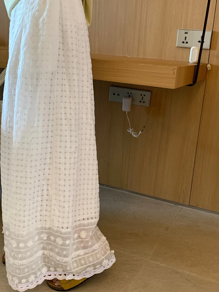 

Лето 2025 г., кружевная юбка с высокой талией и широкими брюками, женская свободная длинная юбка трапециевидной формы с узором из полиэфирного волокна