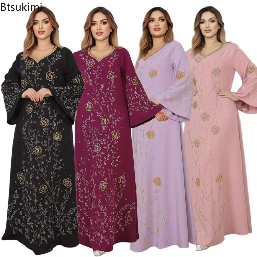

Eid Muslim Dresses Women Abaya Diamond Elegant Maxi Dresses Largos Party Caftan Jalabiya Ramadan Dubai Arabic Long Robe Vestidos