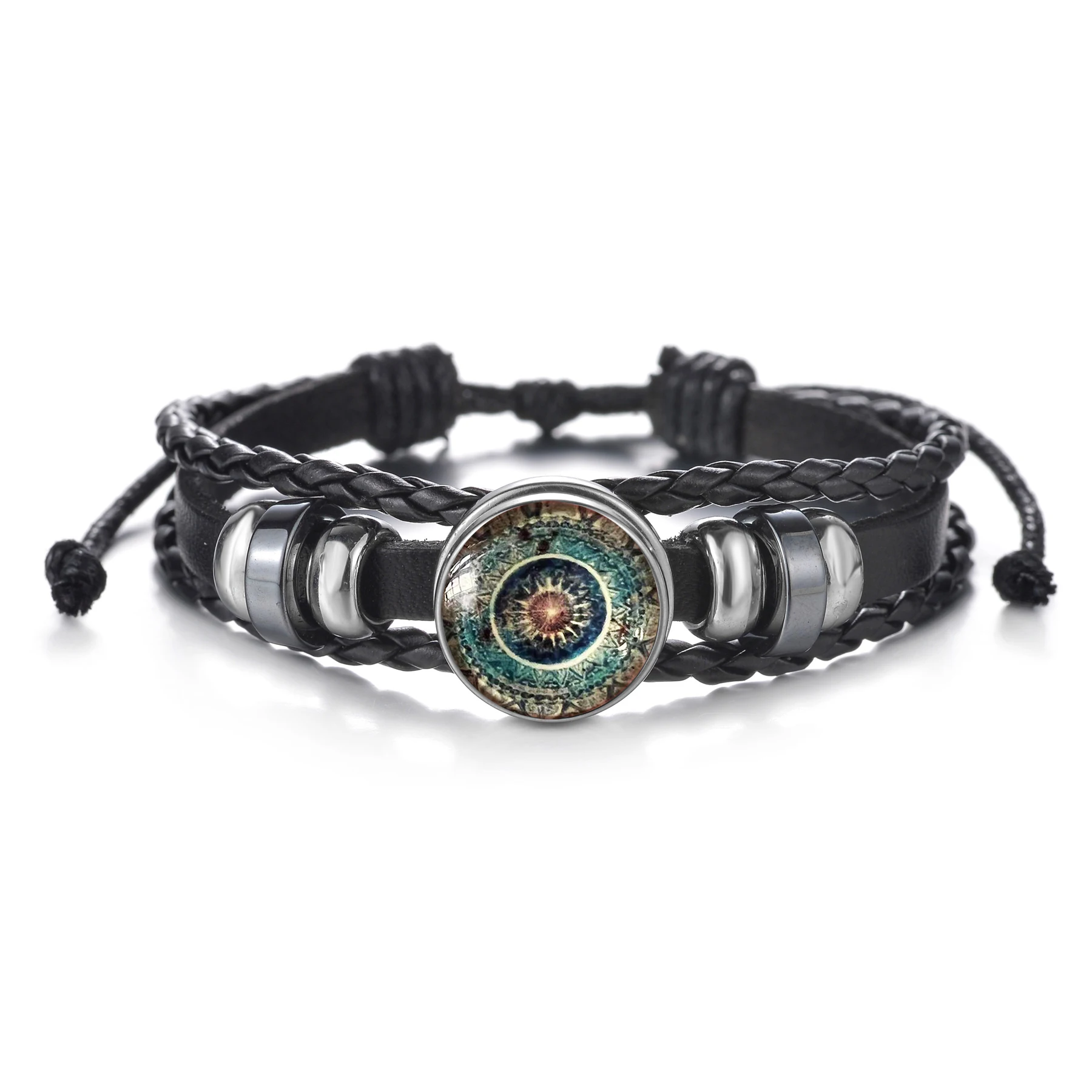 2024 New Arrival Black Leather Bracelet for Men Women Handmade Sun Pattern Beaded Bracelet Multi-layered Bracelet Jewelry Gift