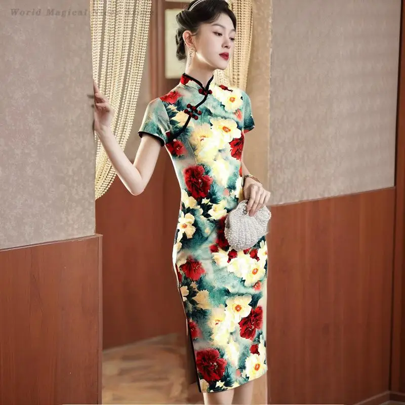 New Waist Cinched Slim Youthful Vintage Chinese Modified Qipao Dress Elegant Figure-Flattering Oriental Women Cheongsam