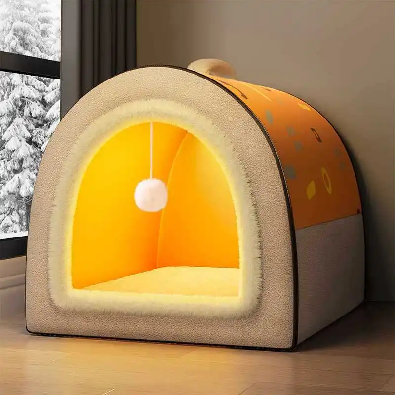 Dog Cave 2 in 1 Detachable Covered Cat Bed with Ball Pendant Cat Hideaway House, Warm Washable Cozy Dog Beds for Large Dogs