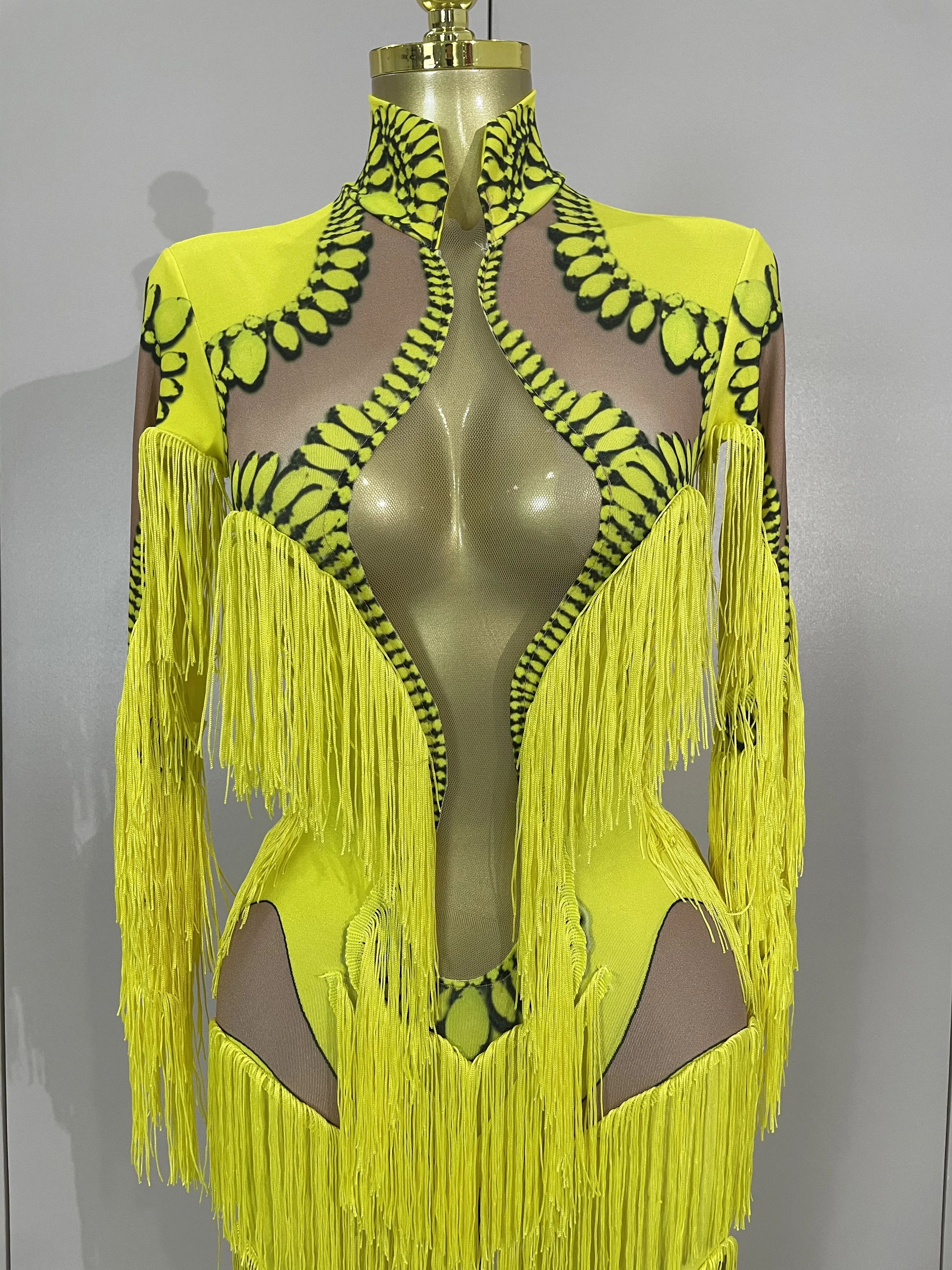 المرحلة الأصفر شرابة تمتد ثوب بودي كون ملهى ليلي جوجو ملابس الرقص Dj الهذيان ملهى ليلي حفلة المغني أداء الزي