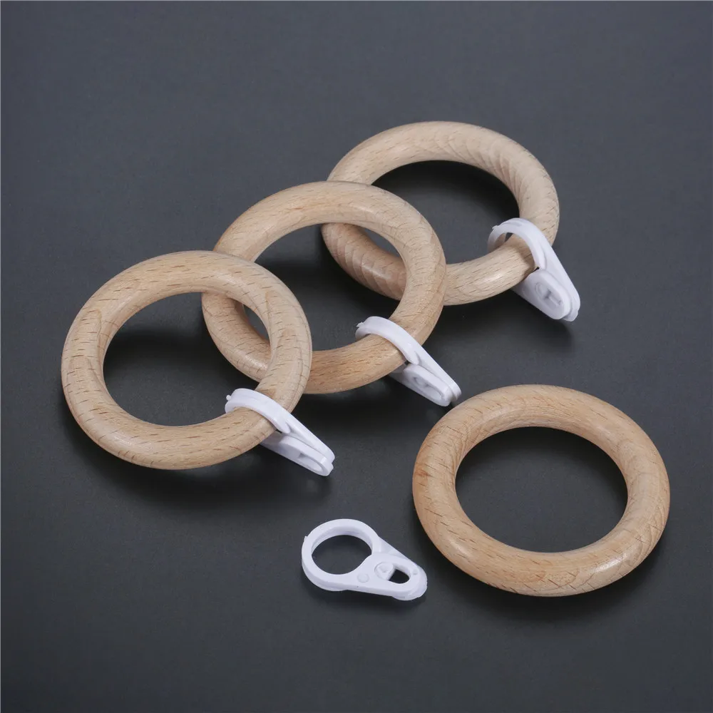 

4pcs/set Wooden Curtain Clips 60mm/2.36" OD 40mm/1.57" ID Window Hanger Rings Solid Wood Clasp Hanging Rod Hook Decor Hardware