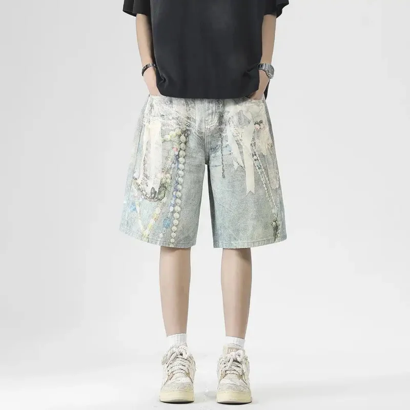 

Light Blue Denim Shorts for Men/Women with Pearl Print & Vintage Fashion, Loose and Wide Cut, Casual Streetwear Style, Summer