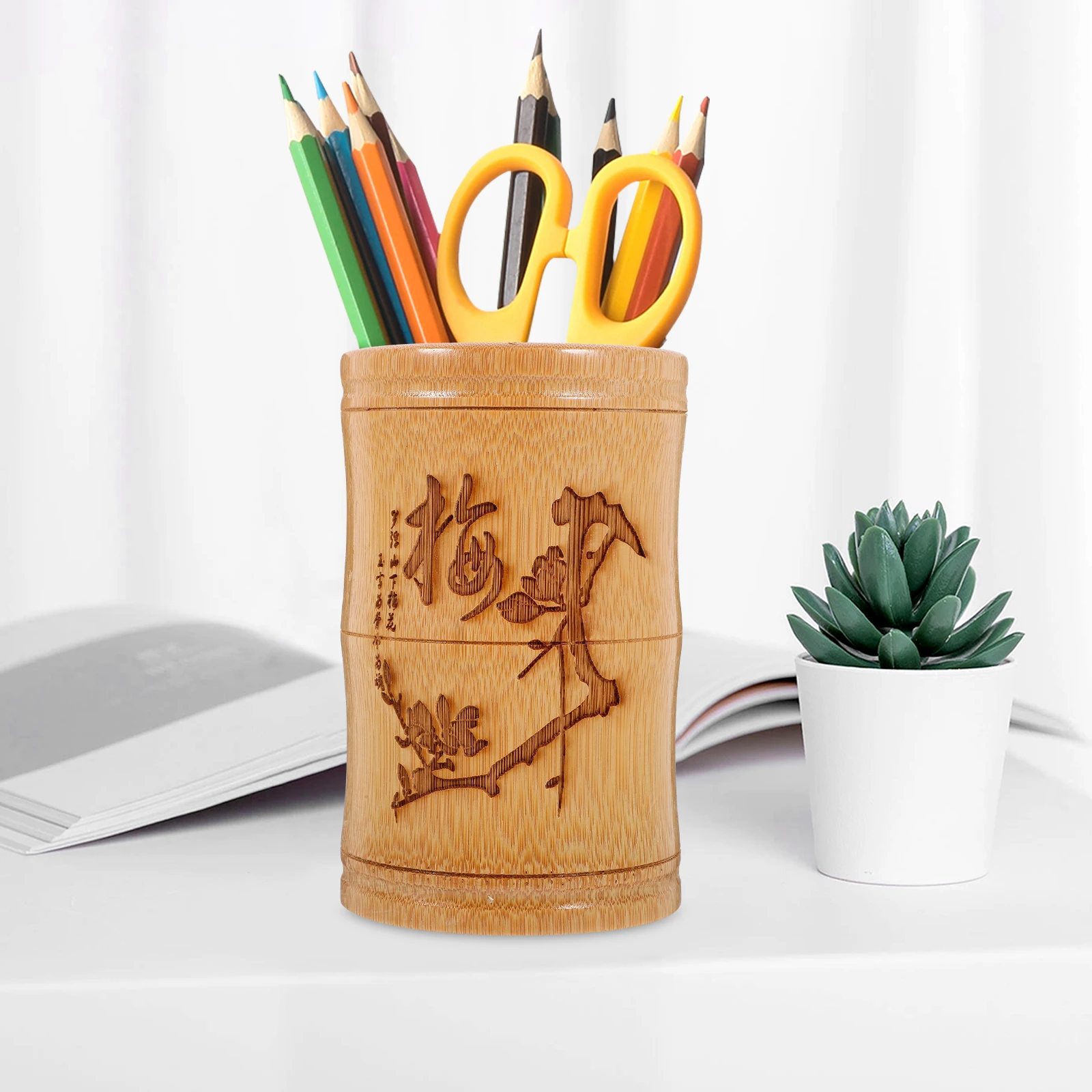

Bamboo Wood Pen Holder 13cm Height 8 10cm Diameter Retro Round Desk Organizer Chinese Style Office Decor Pencil Storage