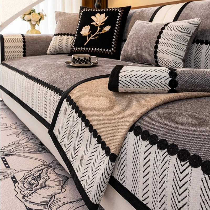 

Contrast Hem Twill Chenille Sofa Cover for All Seasons Living Room Non-slip Sofa Seat Cover Couch Slipcover, Sofa Towel