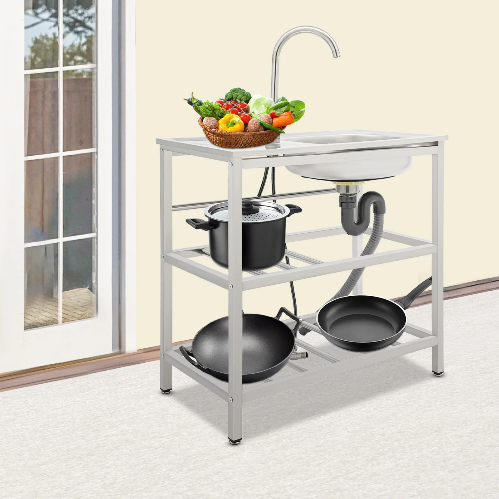 

Коммерческие раковины, отдельностоящая кухонная мойка с полкой для хранения, уличная одинарная раковина для кухни, ресторана, прачечной (2-уровневая полка)