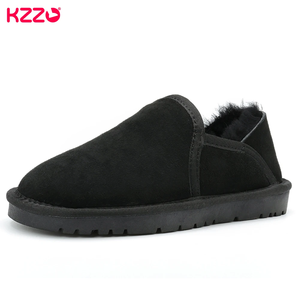 KZZO Sheepskin Suede Leather Men\'s Slip-On Boots Sheep Wool Fur Lined Winter Short Ankle Snow Boots  Waterproof Casual Shoes