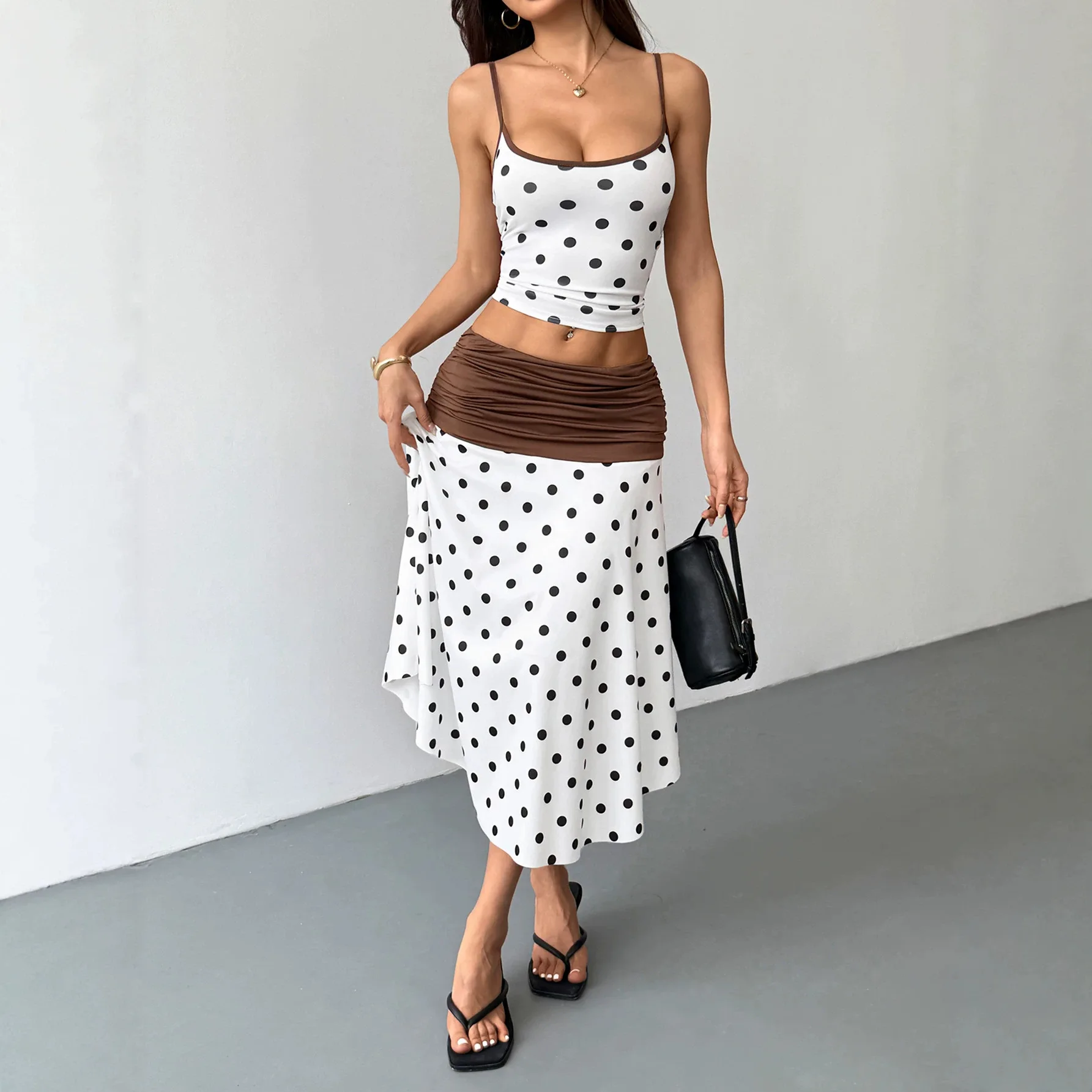 

Women's Summer Y2K Polka Dot Two Piece Set Crop Cami Top & High Waist Ruched Midi Skirt Elegant Fashion Versatile Daily Outfit
