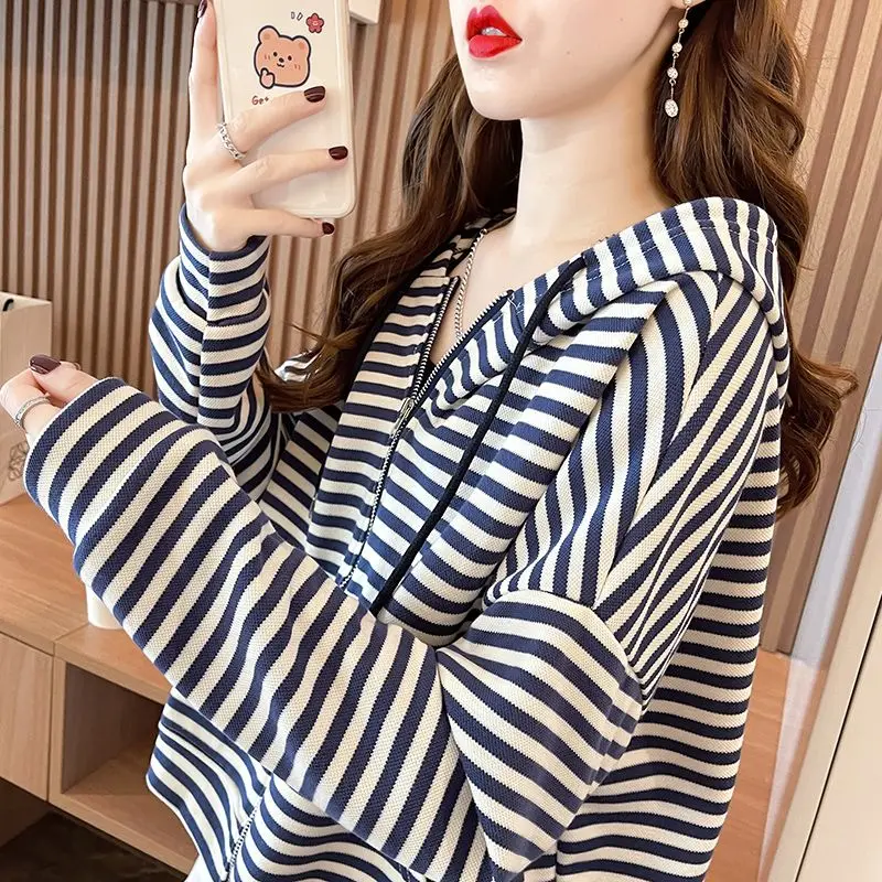New Style for Women's Coats Spring and Autumn Stripes Korean Long-sleeved Cardigan Top Hooded Sweatshirt