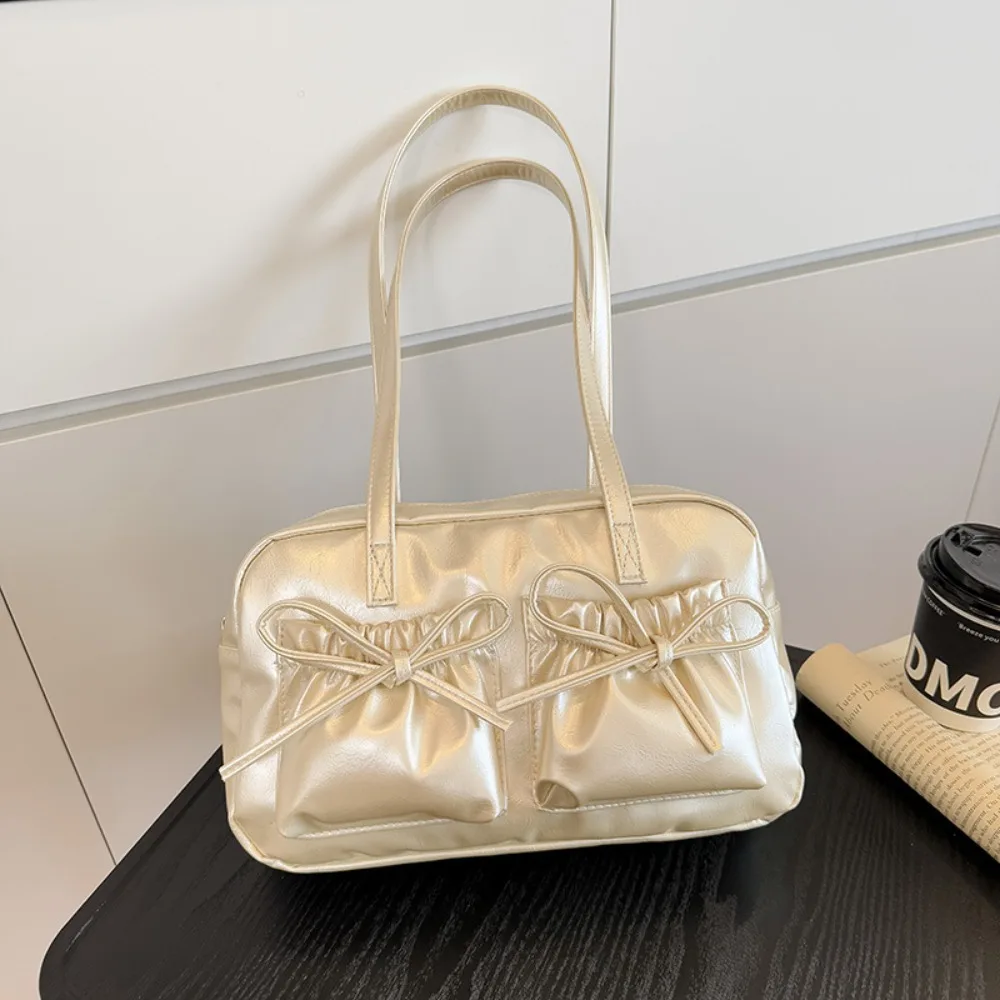 

Модная сумка через плечо из искусственной кожи, однотонная сумка для подмышек с бантом, портативная большая вместительная сумка для женщин