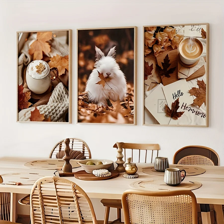 A Set of Three Posters Featuring Themes of Maple LeavesRabbitsAnd CoffeeDesigned As Frameless Autumn Kitchen Wall Art. Perfec
