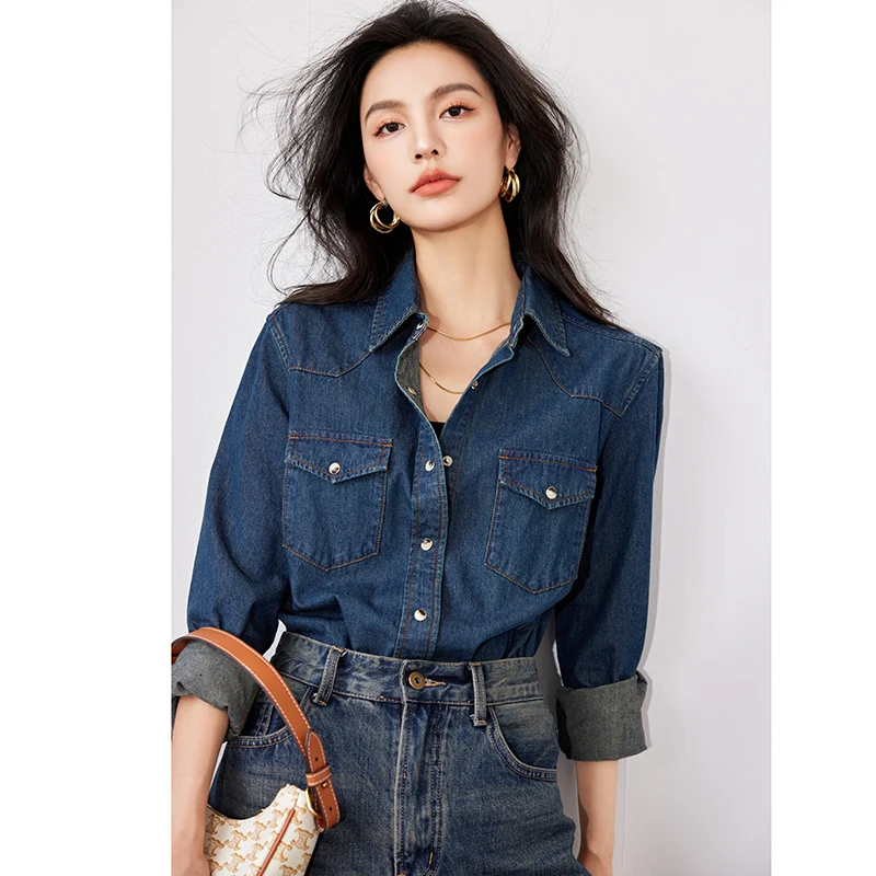 Autumn Women Lapel Button Blue Long Sleeves Denim Jean Shirts Pocket Slim Tops Blouse Blusas Mujer