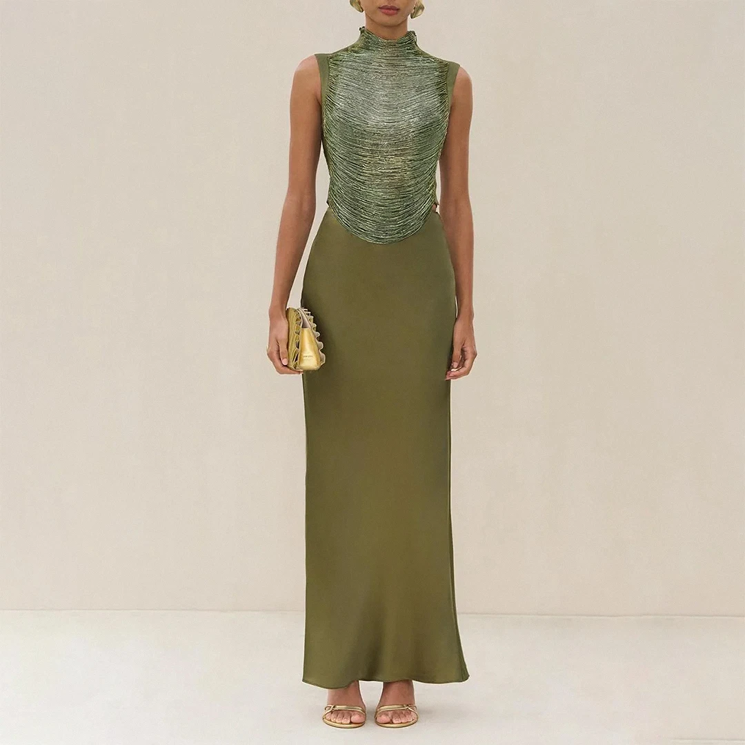 

Women Luxury Evening Party Outfit Elegant Olive Lustrous Bandage Metallic Dress High Street Top And Long Skirt Two Piece Sets