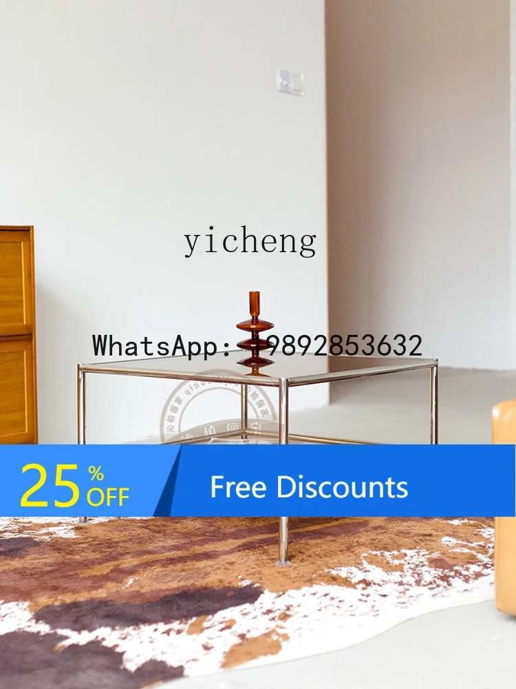 stainless steel design sofa glass coffee table metal frame square two-layer Internet celebrity tea table