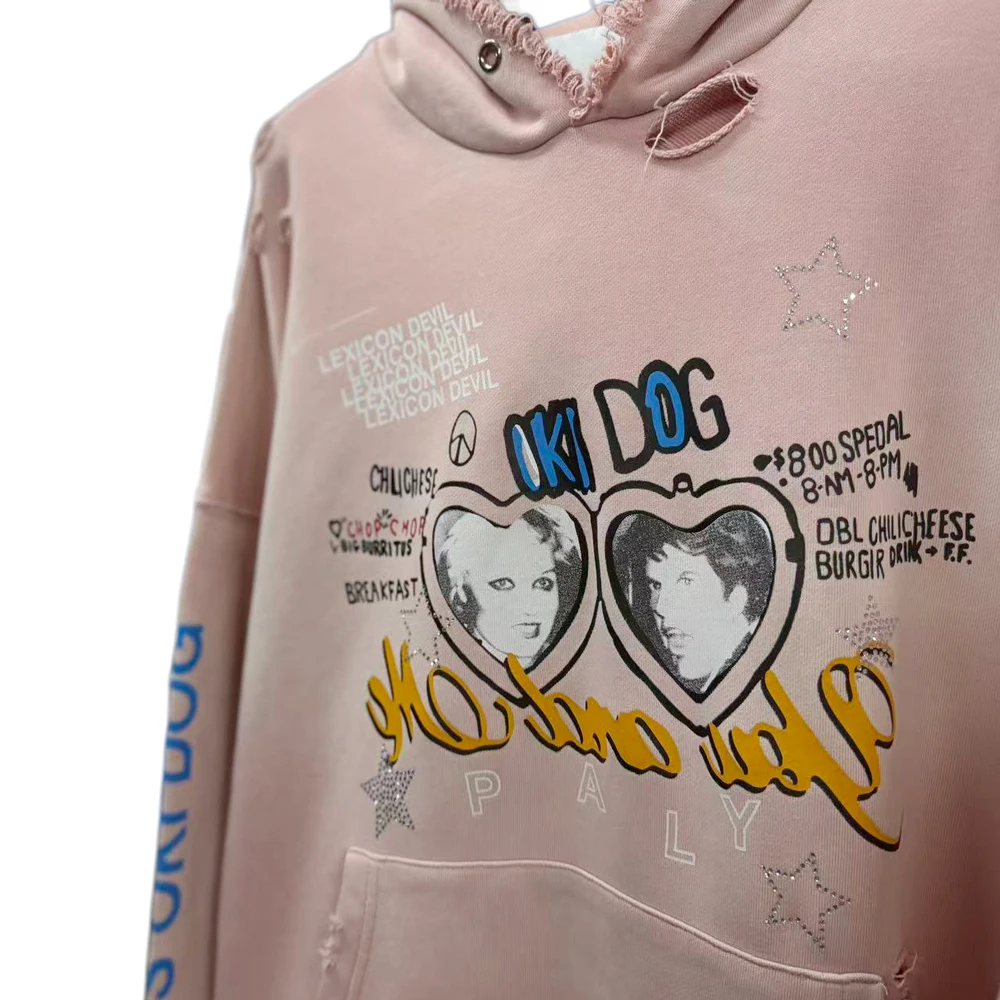 New Y2k Streetwear Distressed Pink Oversized Hoodies Hiphop Street Style Cotton Vintage Ripped Hole Print Graphic Casual Hoodies