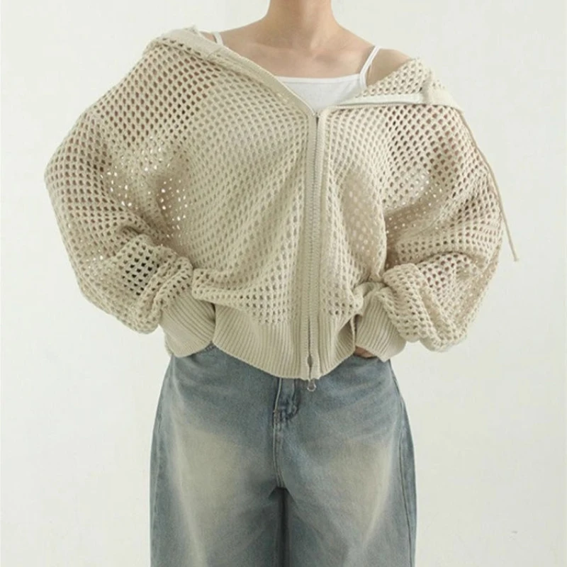 

Juspinice Korean Style Solid Hollow Knitted Cardigan Women Jacket Summer Hooded Long Sleeve Loose Breathable Fashionable Top