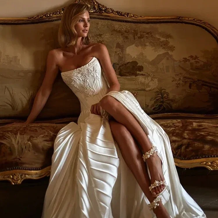 ZIBUYU Trägerloses, schlichtes, bodenlanges Brautkleid aus Satin mit hohem Schlitz, A-Linie, ärmellos, Korsettrücken, Hochzeitskleid, individuell gestaltet