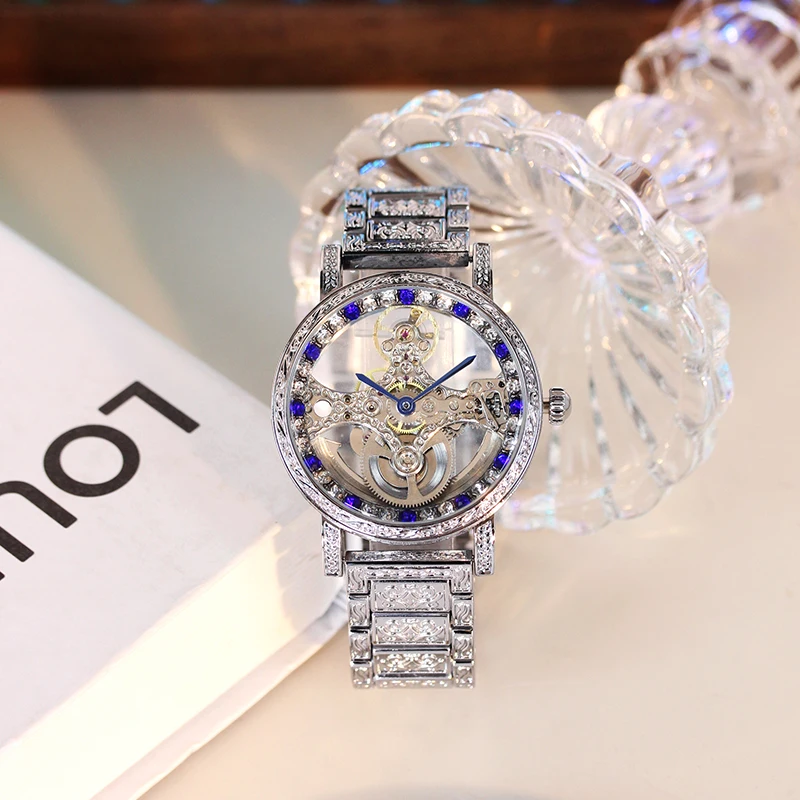 

Мужские серебряные стальные ремешки в элегантном стиле, модные полностью автоматические механические часы с крестообразным турбийоном