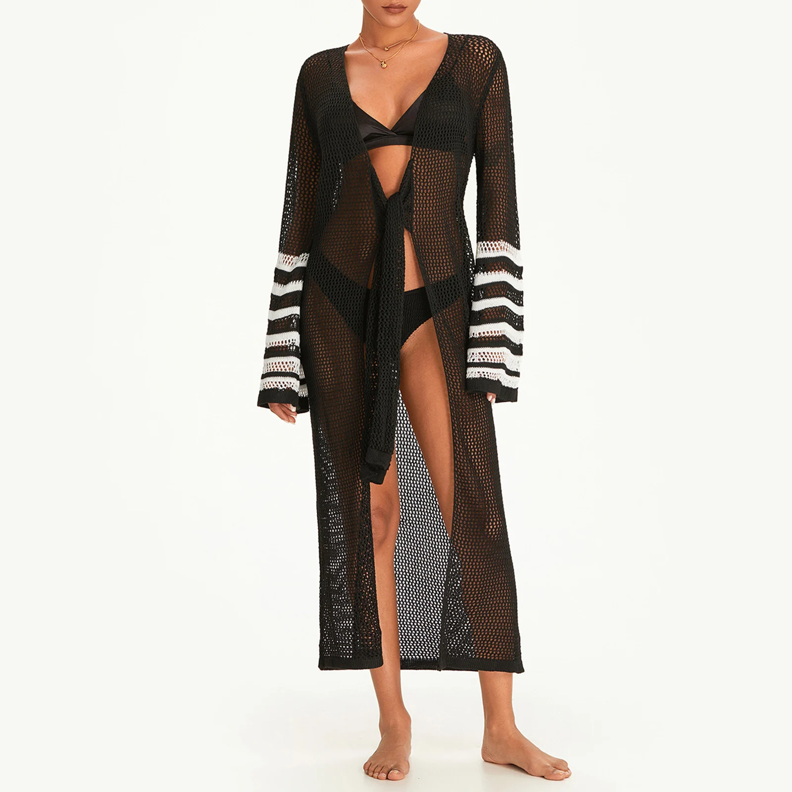 

Women Beach Cover Up Wave Stripe Long Sleeve Summer Swimsuit Coverup Crochet Knit Bathing Suit Tie Knot Open Front Cardigan