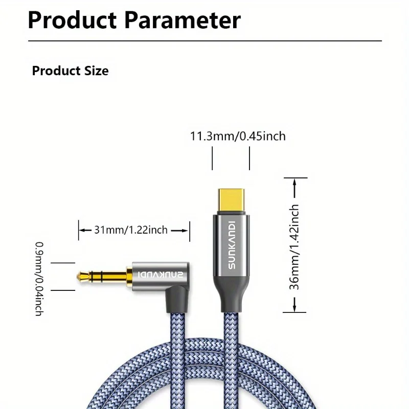 كابل سماعة رأس SUNKANDI USB C إلى 3.5 ملم، سلك Aux ذكر من النوع C إلى 3.5 ملم للسيارة 90 درجة لهاتف iPhone 16/15 iPad/Pro/Air