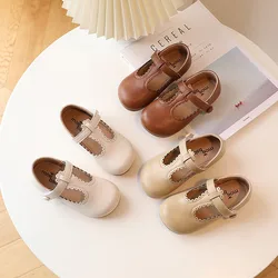 Zapatos coreanos de cuero para niños y niñas, zapatos sencillos y bonitos de encaje transpirable, informales, planos, de Color sólido, primavera y otoño, 2023