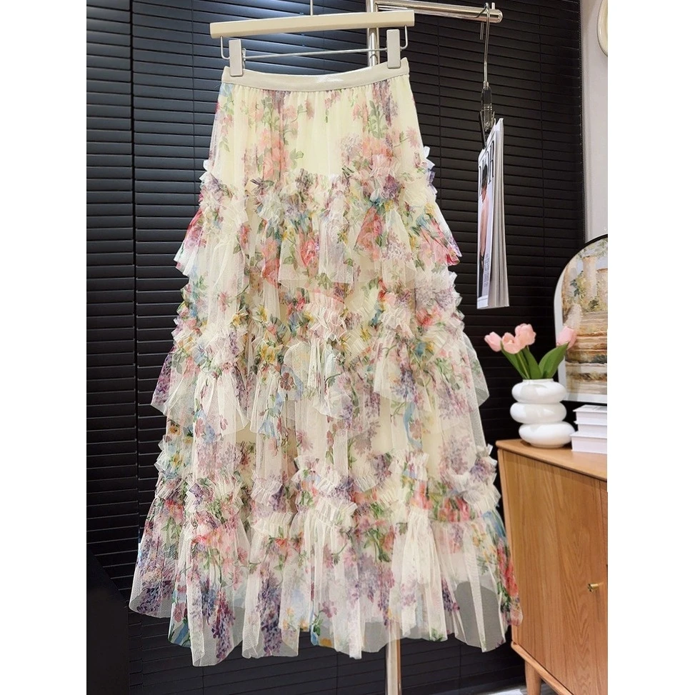 

Floral Print Layered Tulle Skirt Women's f-length Puffy Skirt Cake Sle New Arrival Spring/Summer Season Floral Embellied