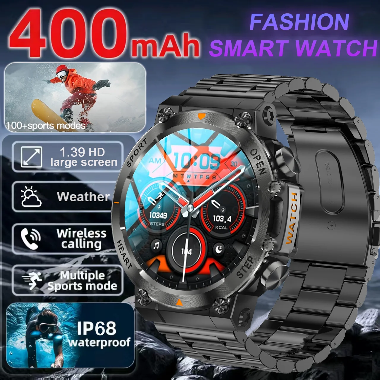 

2026 New Smart Watch Men 1.39"HD Outdoor IP68 Waterproof Sport Fitness Tracker 400mAh BT Call Smartwatch Health Monitor Bracelet